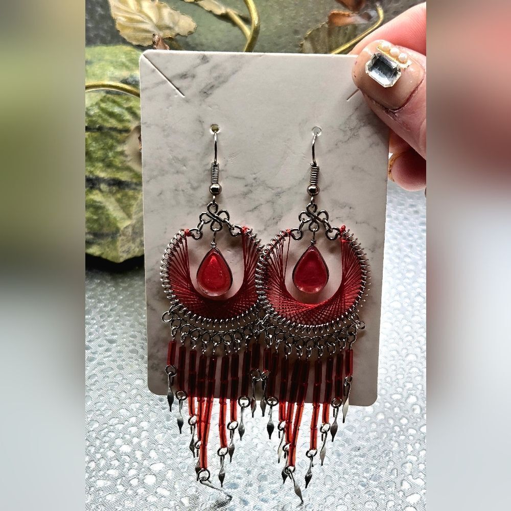 "5/$25" Peruvian Style Red Silvertone Dream Catcher Dangle Earrings